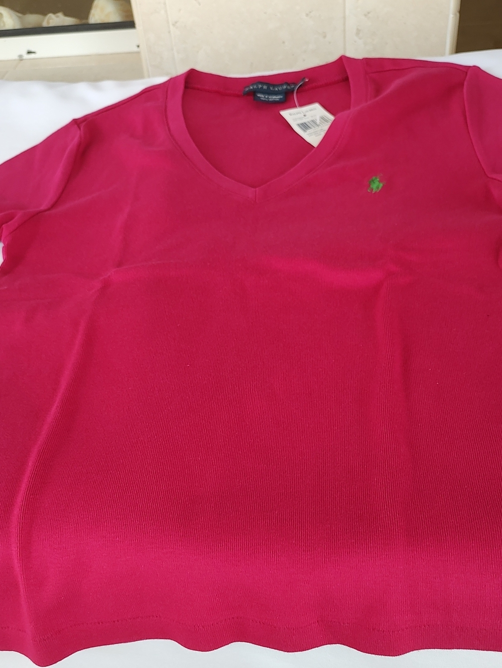 Ralph Lauren Women Bright Pink V-Neck Tee with Green Pony